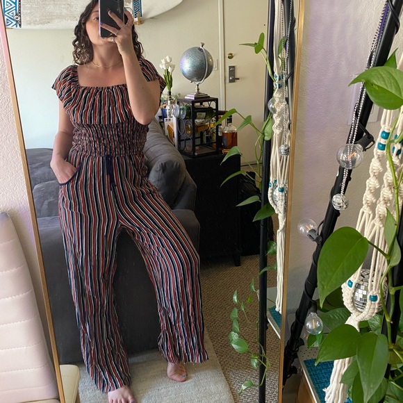 Red blue green white striped jumpsuit - Picture 1 of 5